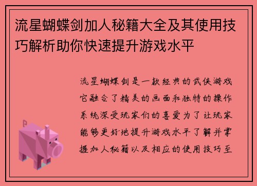 流星蝴蝶剑加人秘籍大全及其使用技巧解析助你快速提升游戏水平